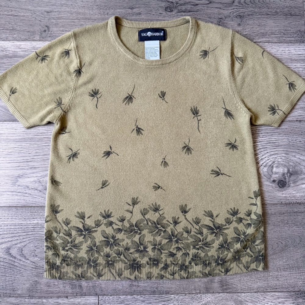 Vintage Sag Harbor Floral Short Sleeve Knit Sweater Top Sage Green - Size Medium